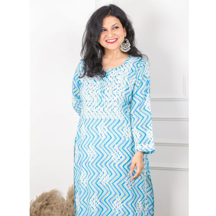 Cobalt Blue Zig Zag Printed Chikankari Kurti