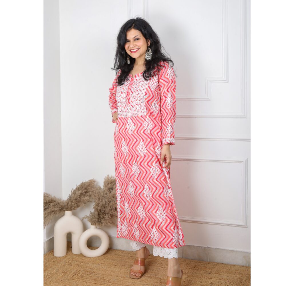 Strawberry Pink And Red Zig Zag Printed Chikankari Kurti