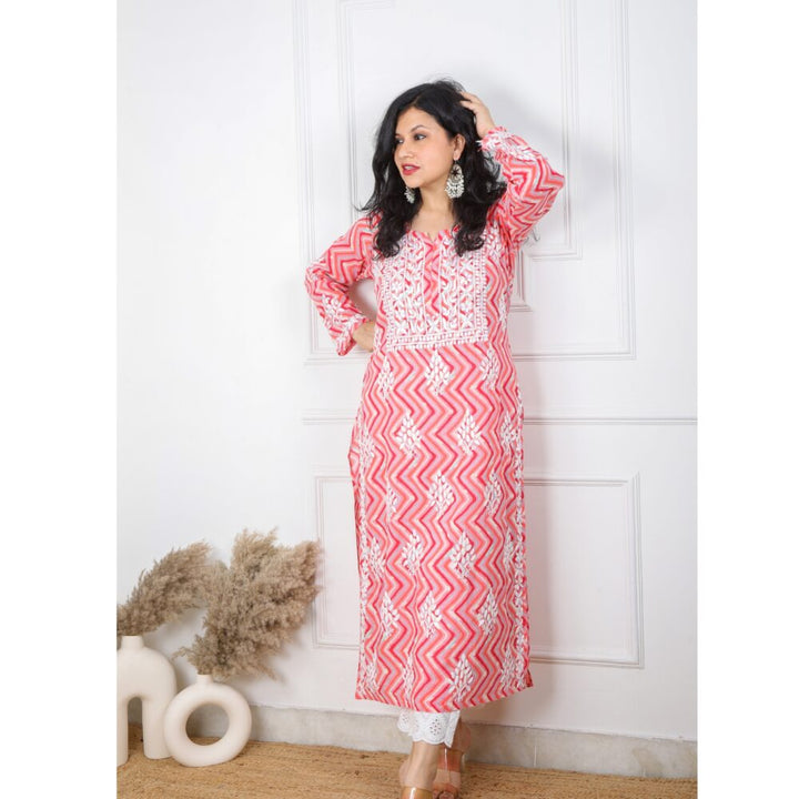 Strawberry Pink And Red Zig Zag Printed Chikankari Kurti