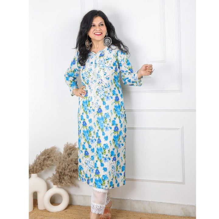 Azure Blue Floral Printed Chikankari Kurti