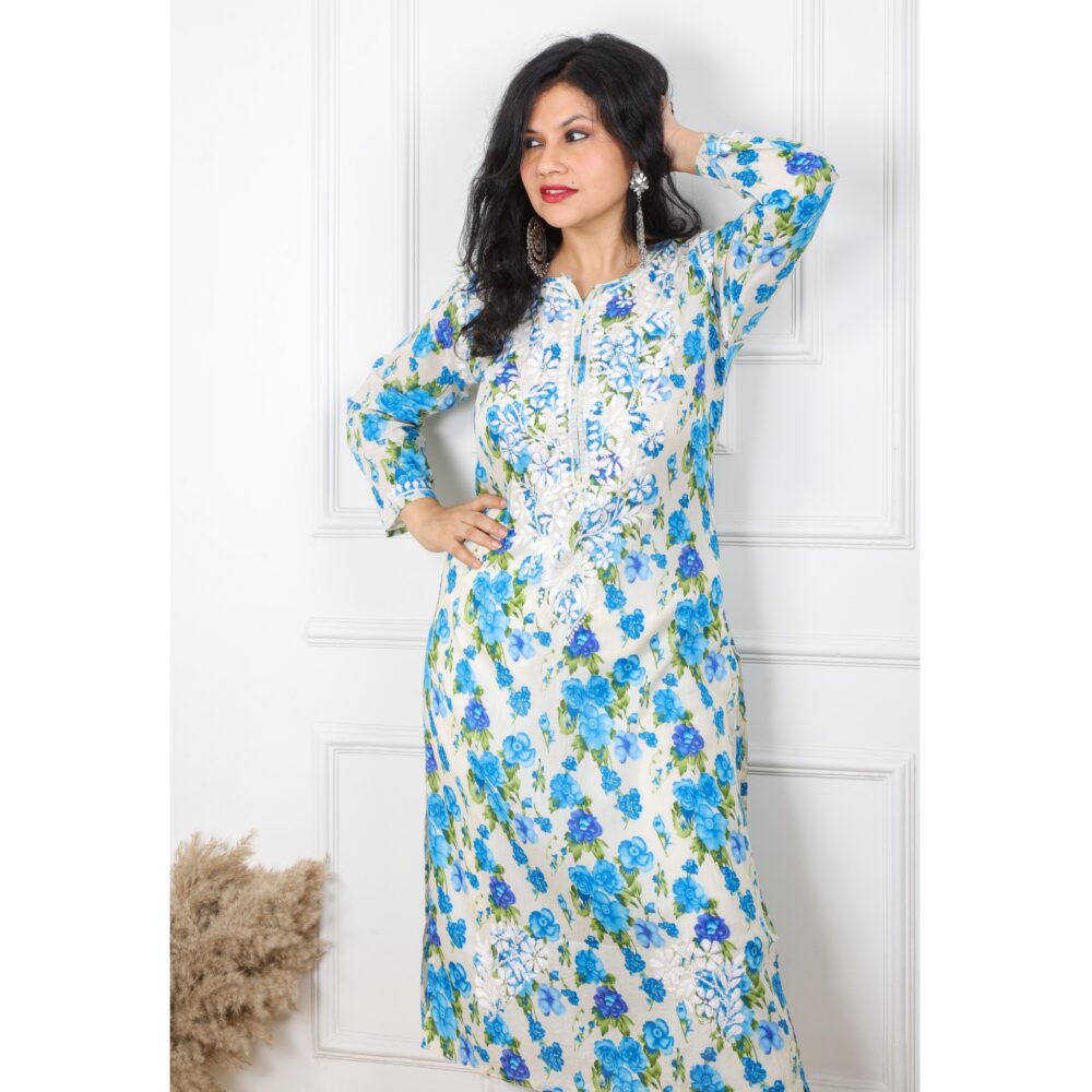 Azure Blue Floral Printed Chikankari Kurti