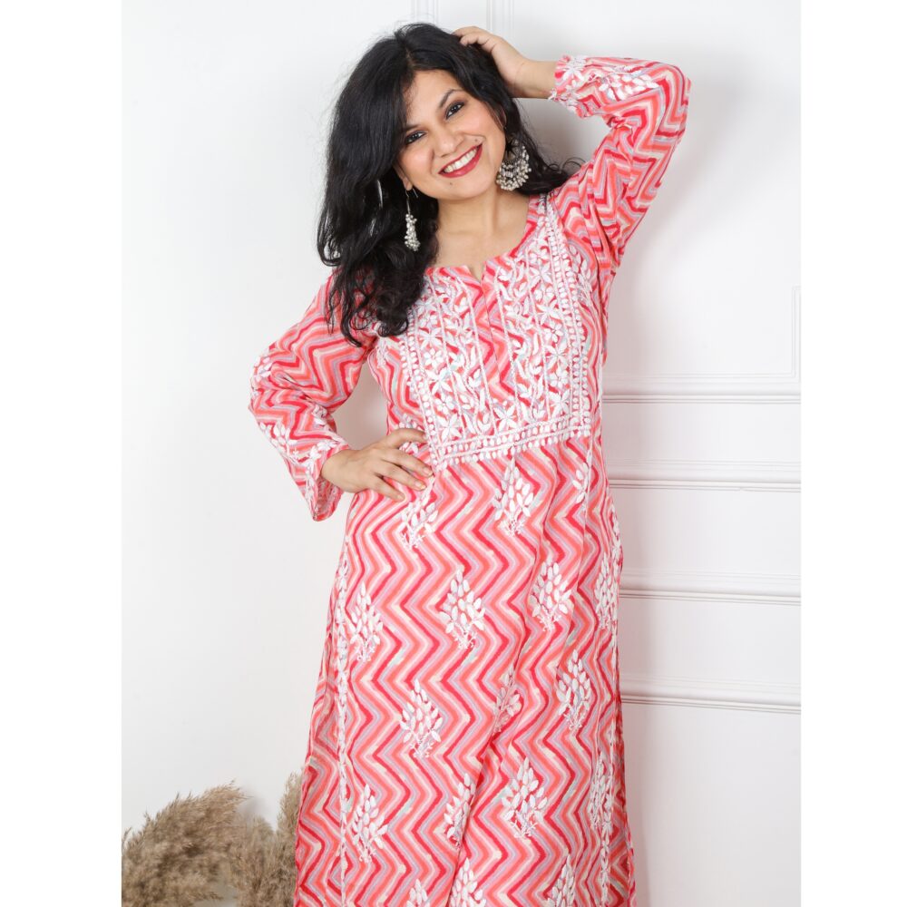 Strawberry Pink And Red Zig Zag Printed Chikankari Kurti