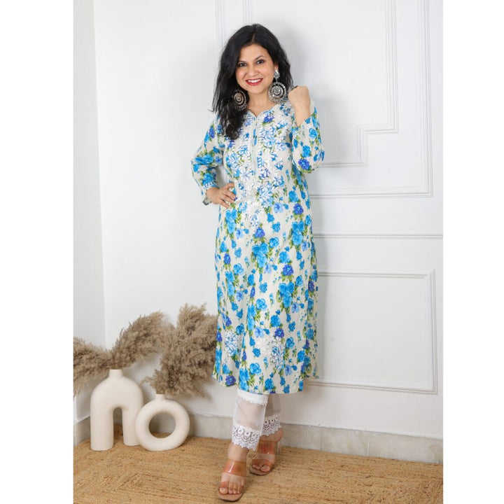 Azure Blue Floral Printed Chikankari Kurti