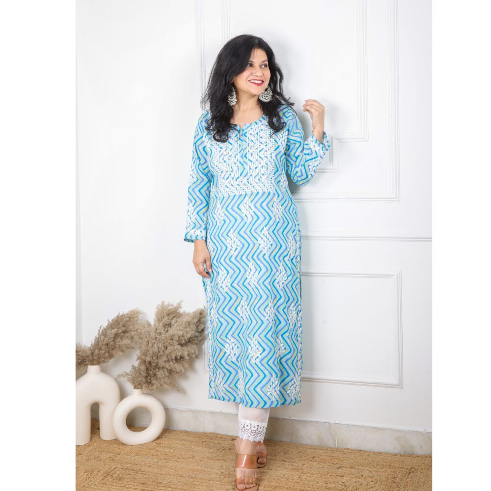 Cobalt Blue Zig Zag Printed Chikankari Kurti