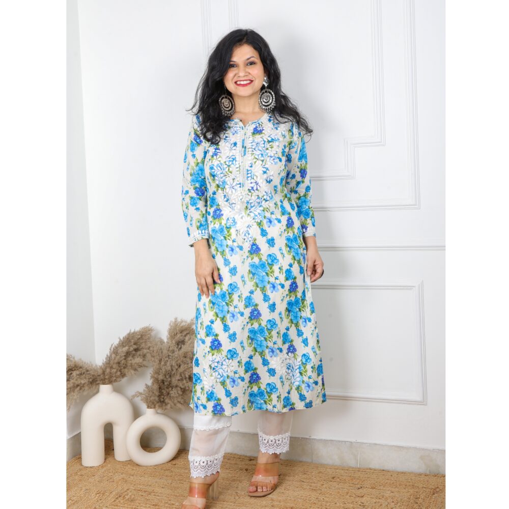 Azure Blue Floral Printed Chikankari Kurti