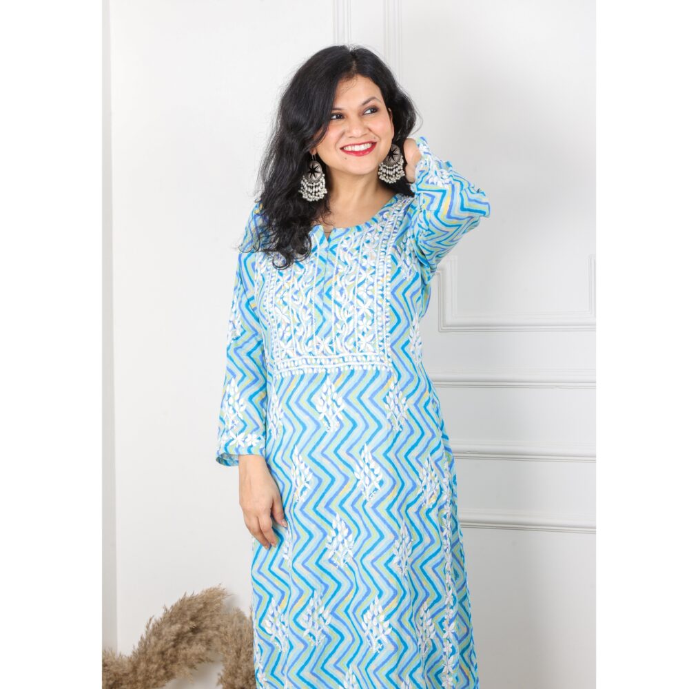 Cobalt Blue Zig Zag Printed Chikankari Kurti