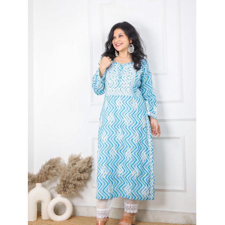 Cobalt Blue Zig Zag Printed Chikankari Kurti