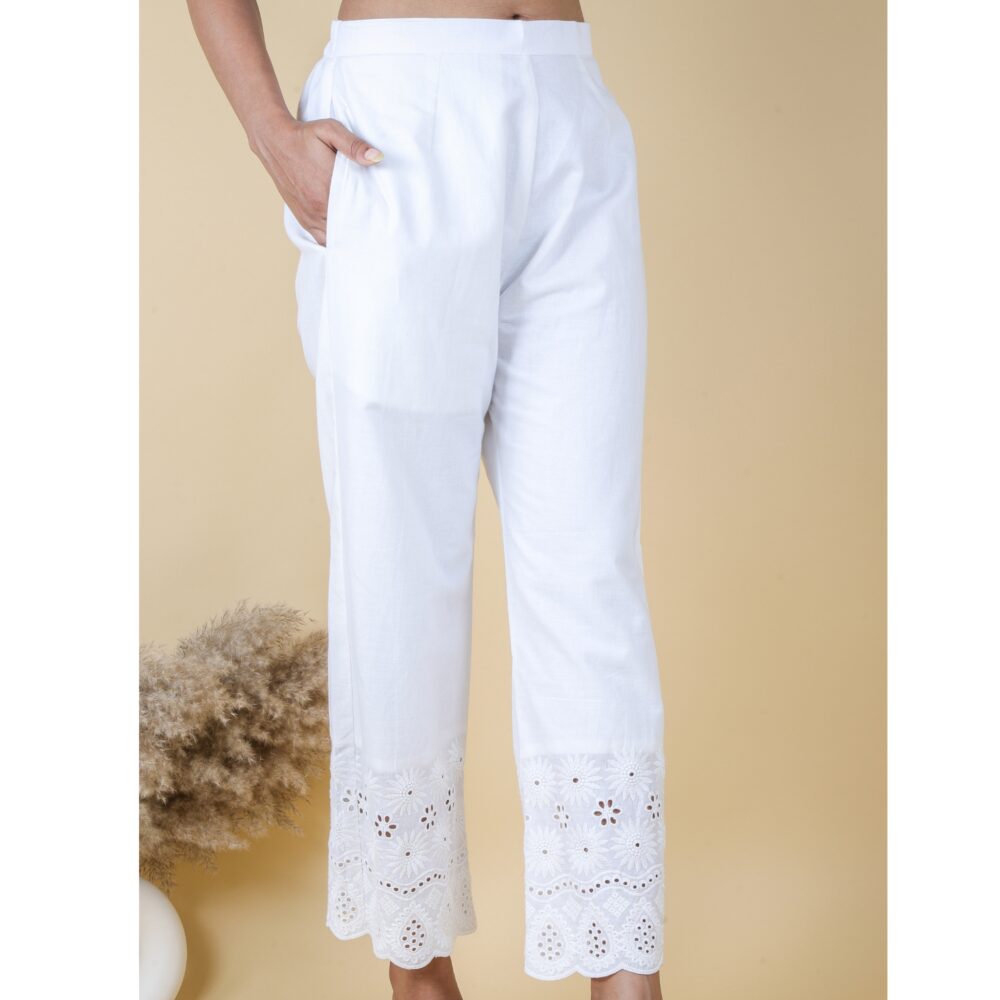 Pearl White Schiffli Hem Trouser