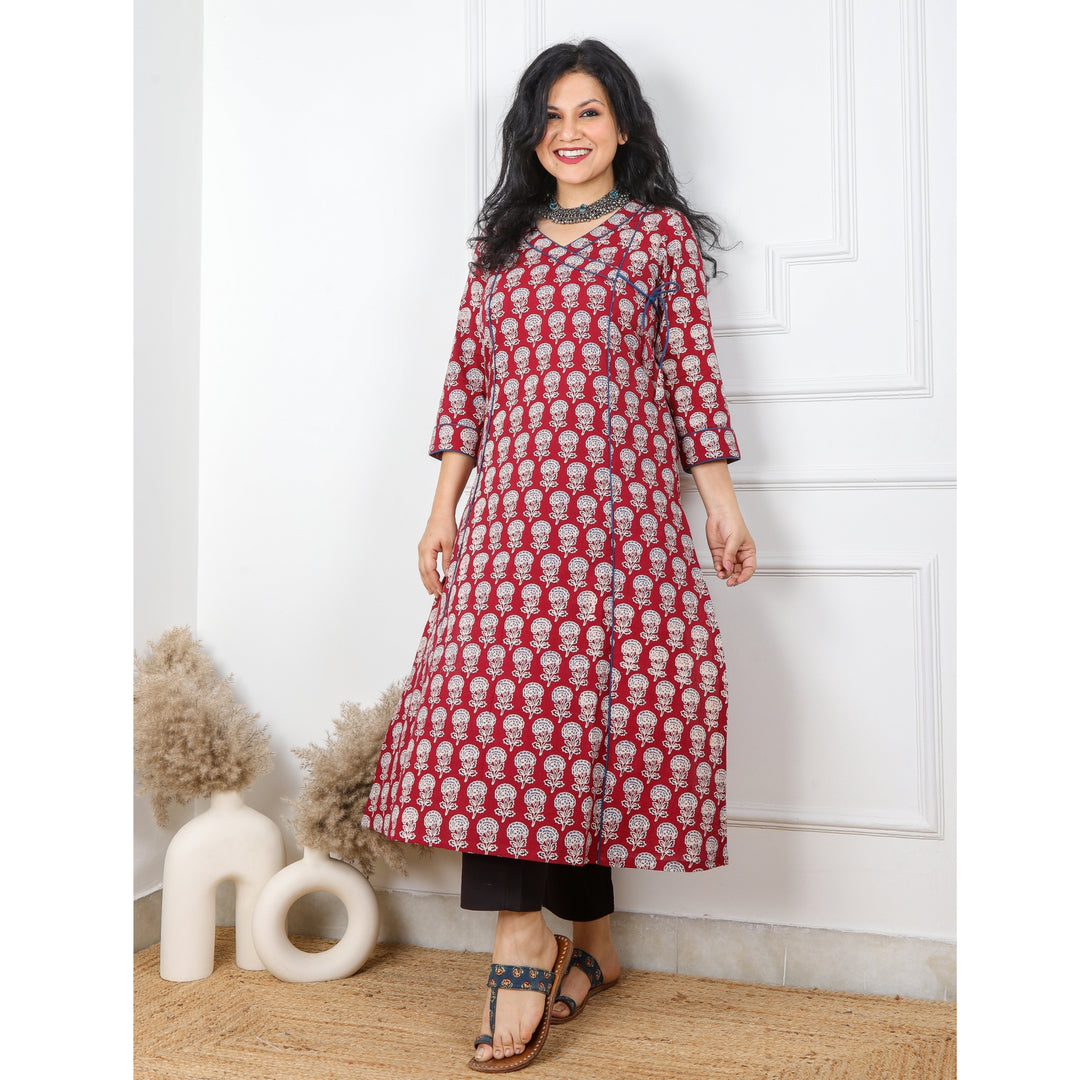 Red Block Printed Cotton Angrakha Style Kurti