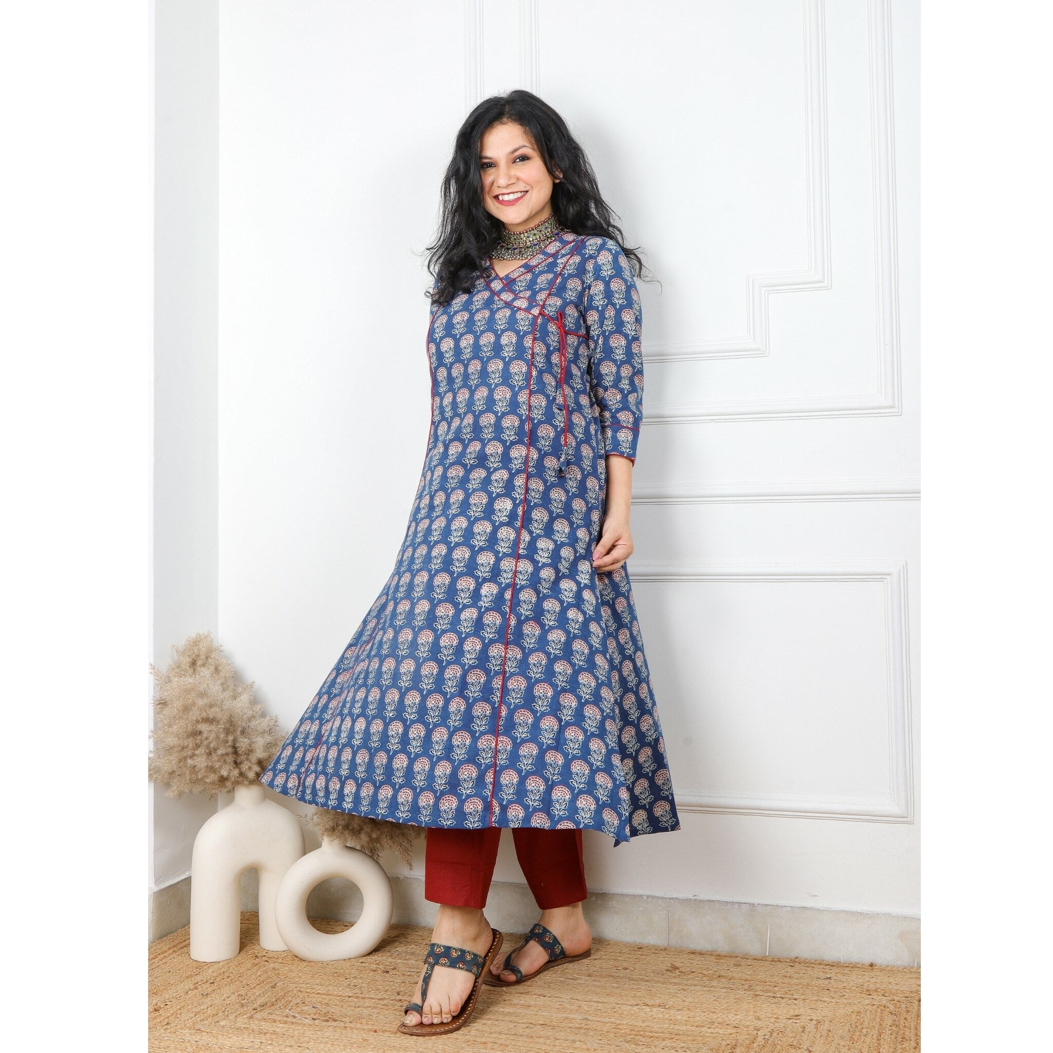 Buy Jaipur Kurti Women Beige Ethnic Print Angrakha Style Cotton Kurta With  Palazzo Online.
