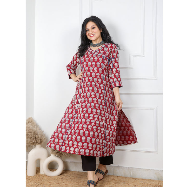 Red Block Printed Cotton Angrakha Style Kurti