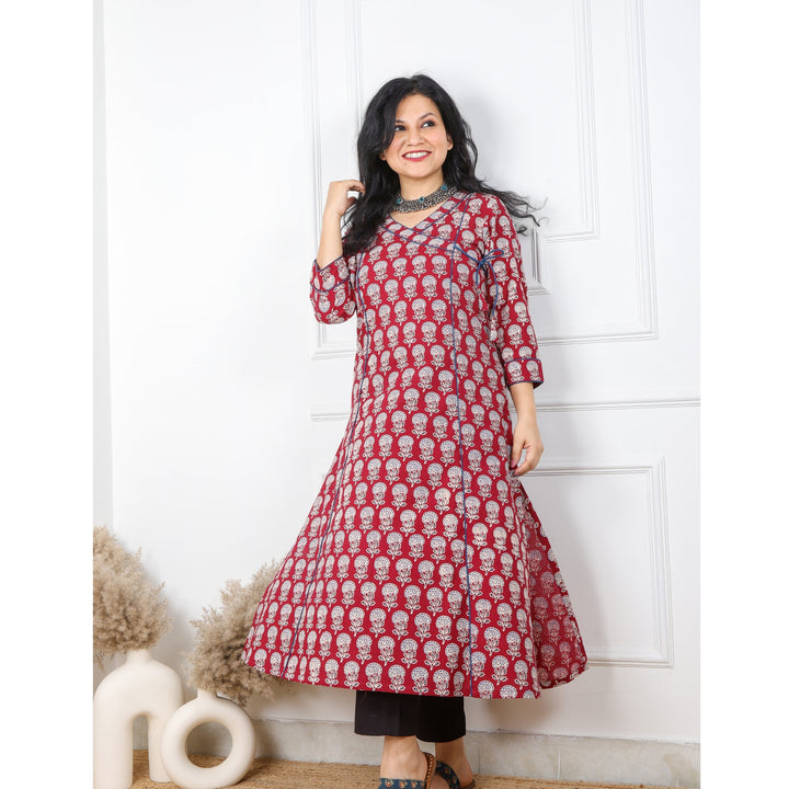 Red Block Printed Cotton Angrakha Style Kurti