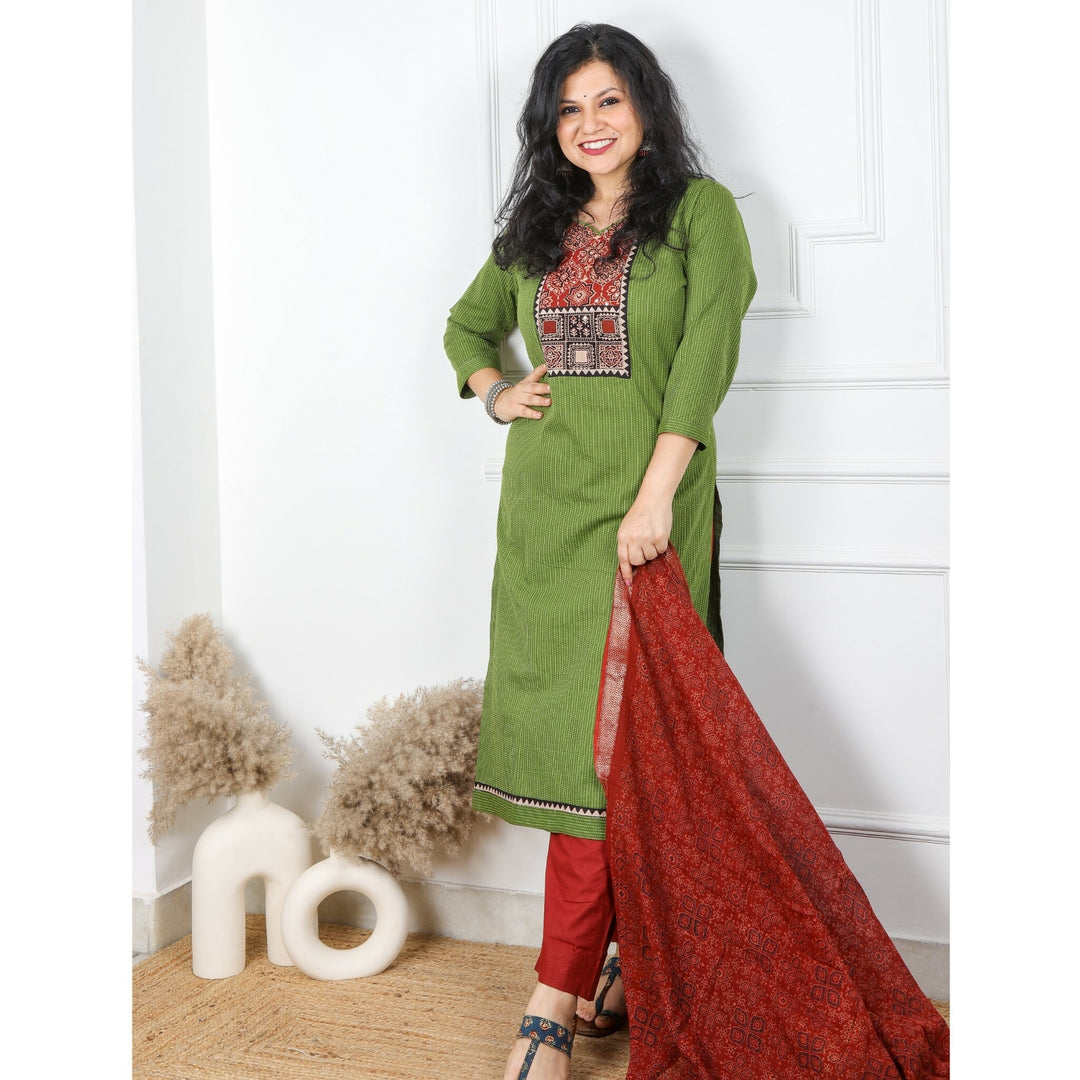 Plant Green Kantha Cotton Top with  Rust Red Ajrak Printed Dupatta 3 Piece Set