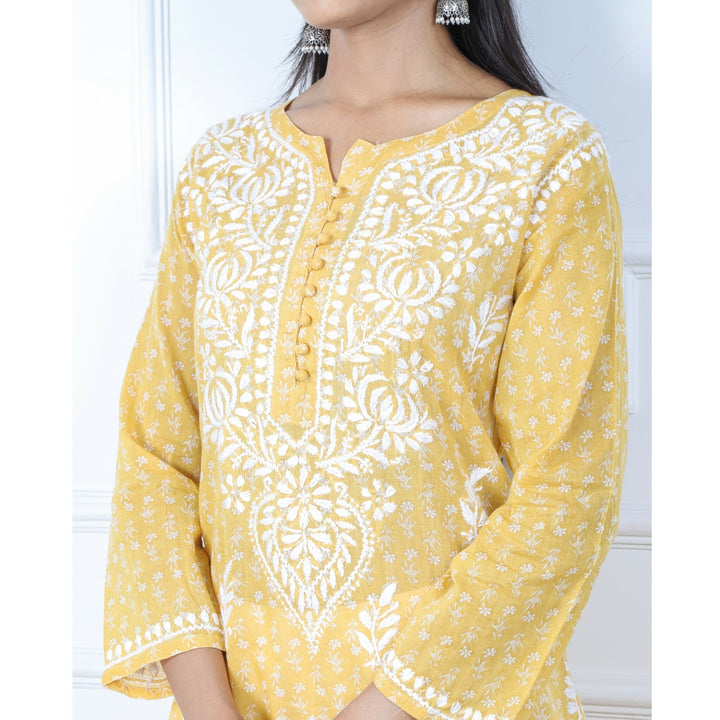 Sunflower Yellow Printed Chikankari Kurti