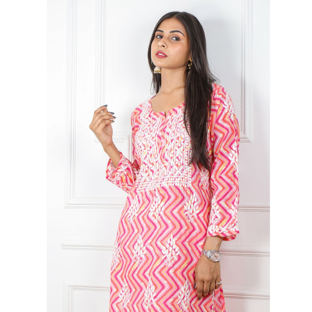 Purplish Pink And Yellow Zig Zag Printed Chikankari Kurti