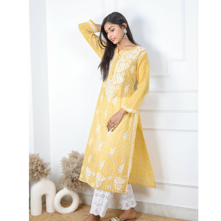 Sunflower Yellow Printed Chikankari Kurti