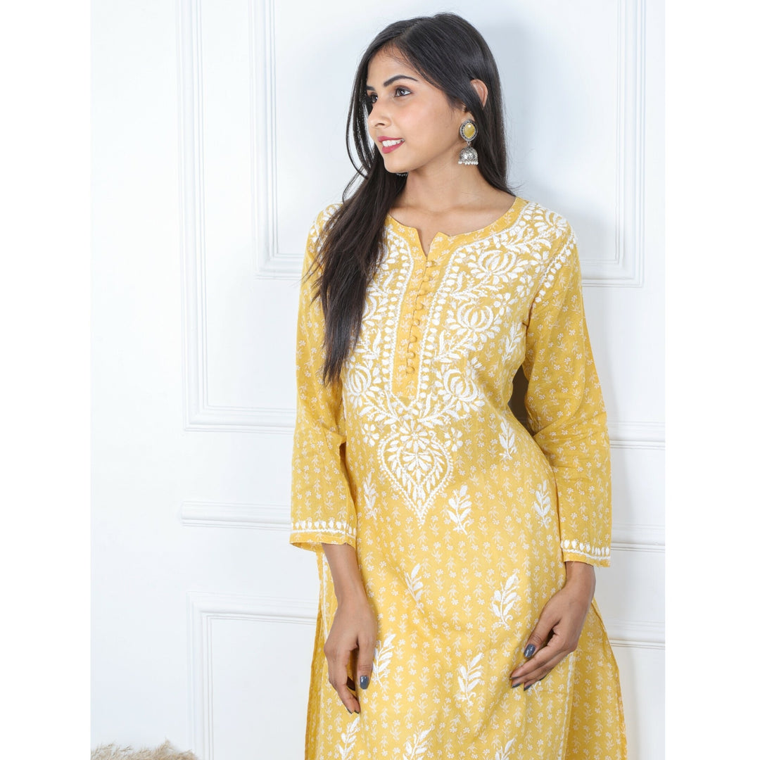 Sunflower Yellow Printed Chikankari Kurti