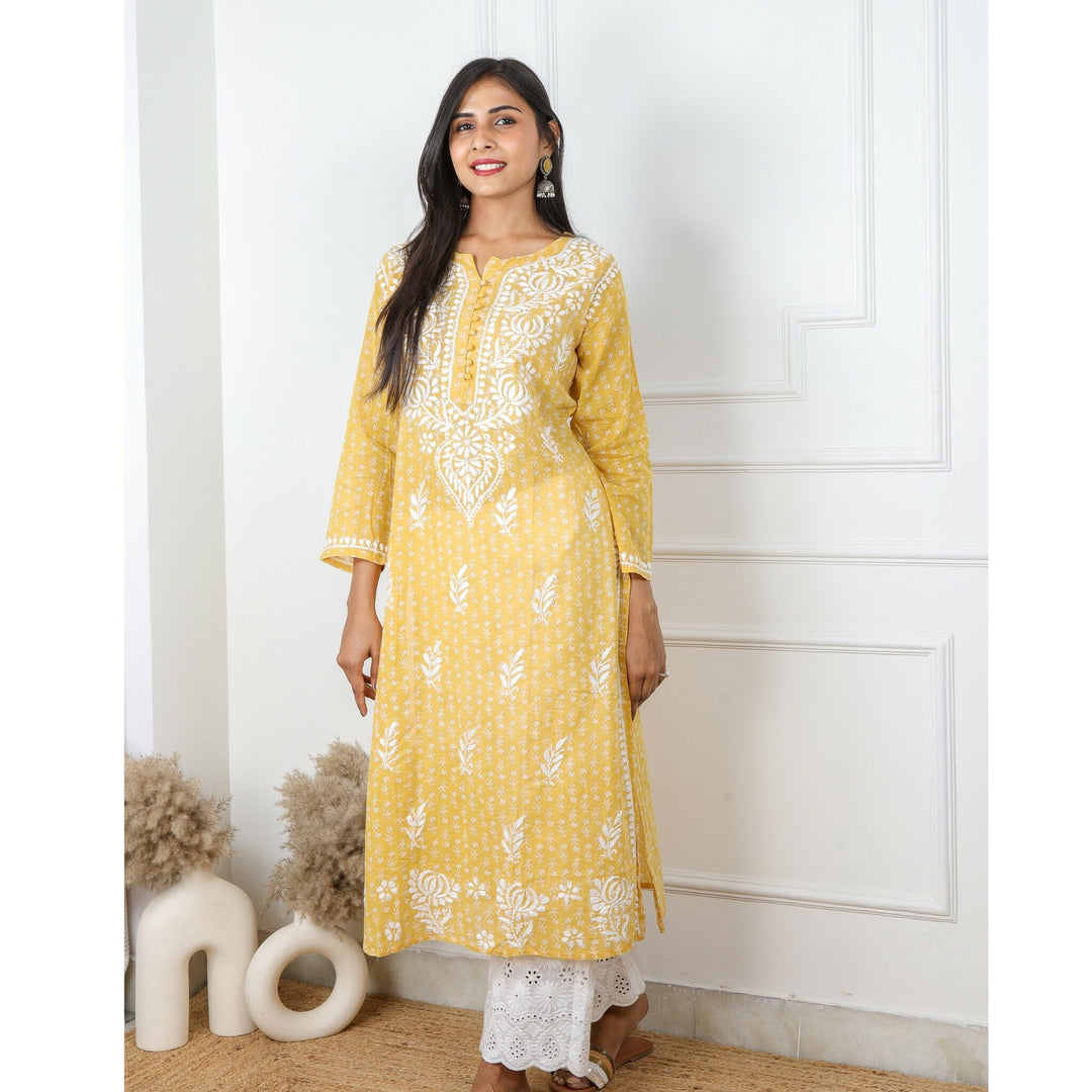 Sunflower Yellow Printed Chikankari Kurti