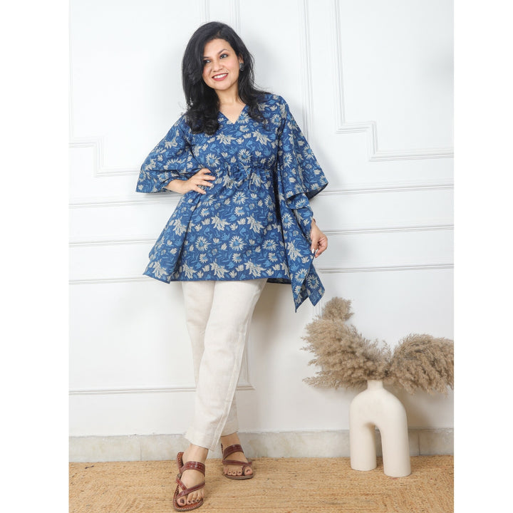 Indigo Printed Cotton Kaftan with Beige Khadi Cotton Pants