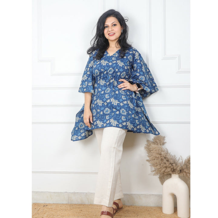 Indigo Printed Cotton Kaftan with Beige Khadi Cotton Pants