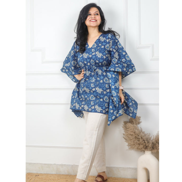 Indigo Printed Cotton Kaftan with Beige Khadi Cotton Pants