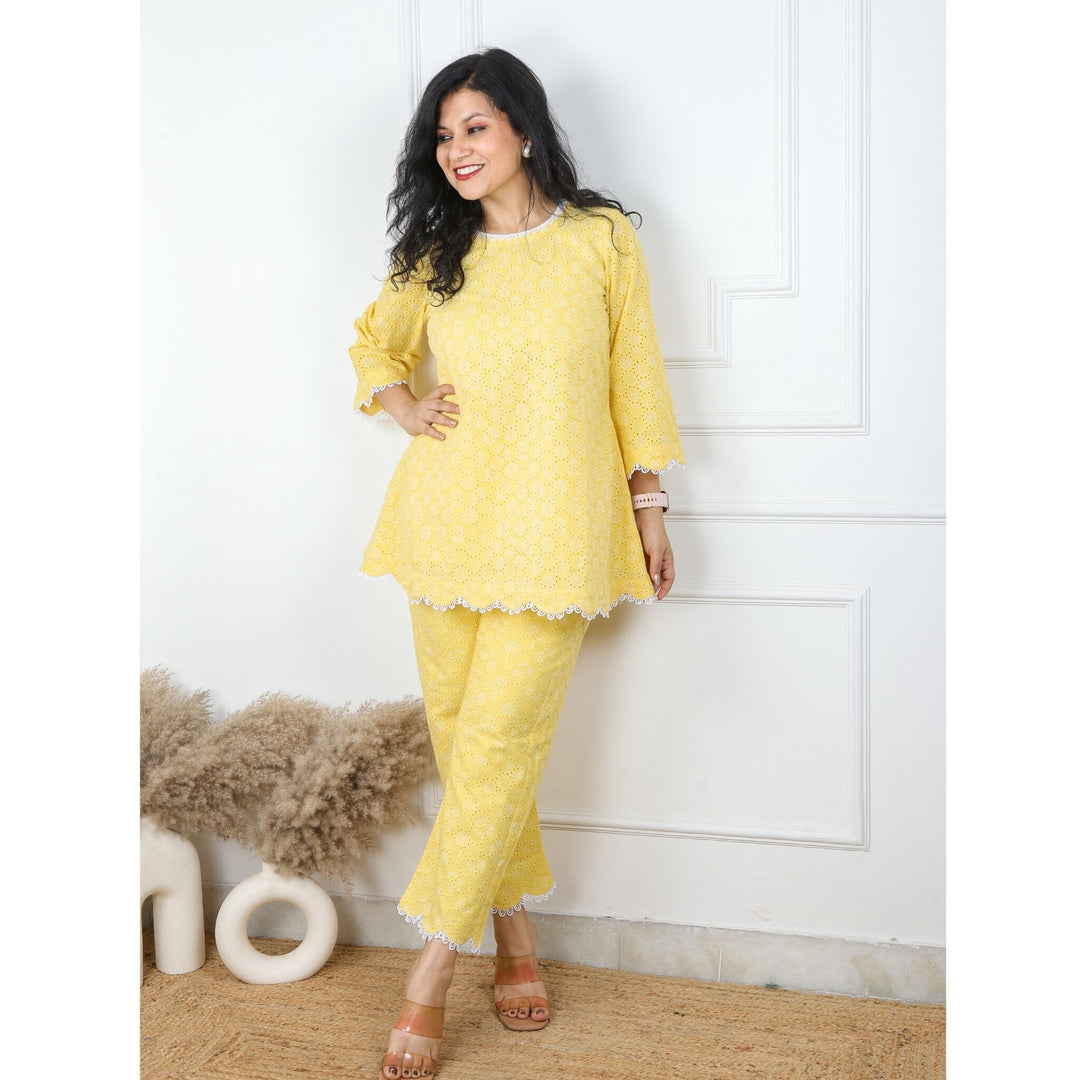 Lemon Yellow Schiffli Work Stylish Co-Ord Set