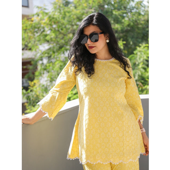 Lemon Yellow Schiffli Work Stylish Co-Ord Set