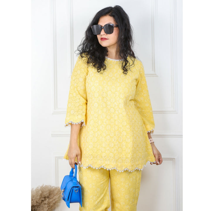 Lemon Yellow Schiffli Work Stylish Co-Ord Set