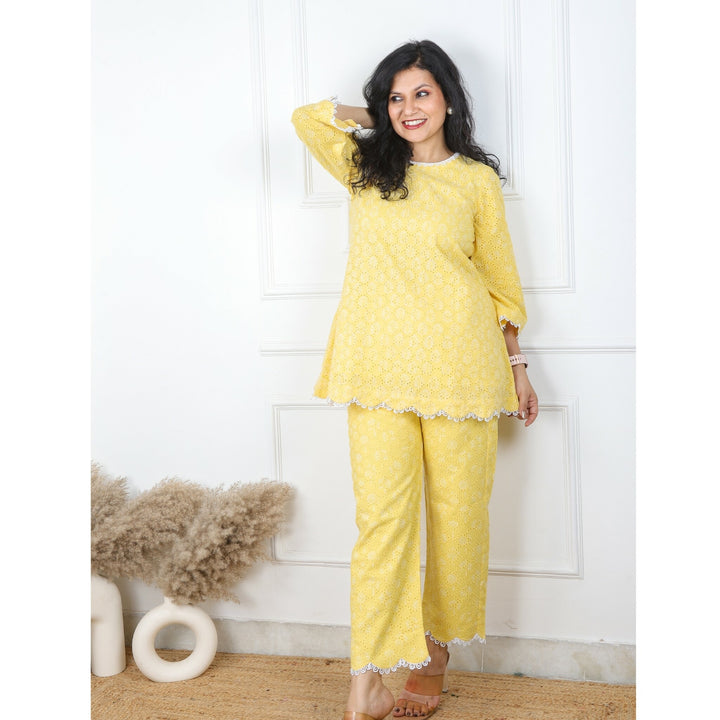 Lemon Yellow Schiffli Work Stylish Co-Ord Set