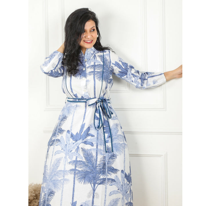 White and Blue Tropical Printed Cotton Dress with Belt