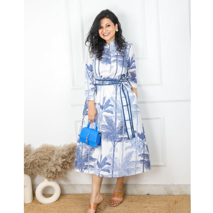 White and Blue Tropical Printed Cotton Dress with Belt