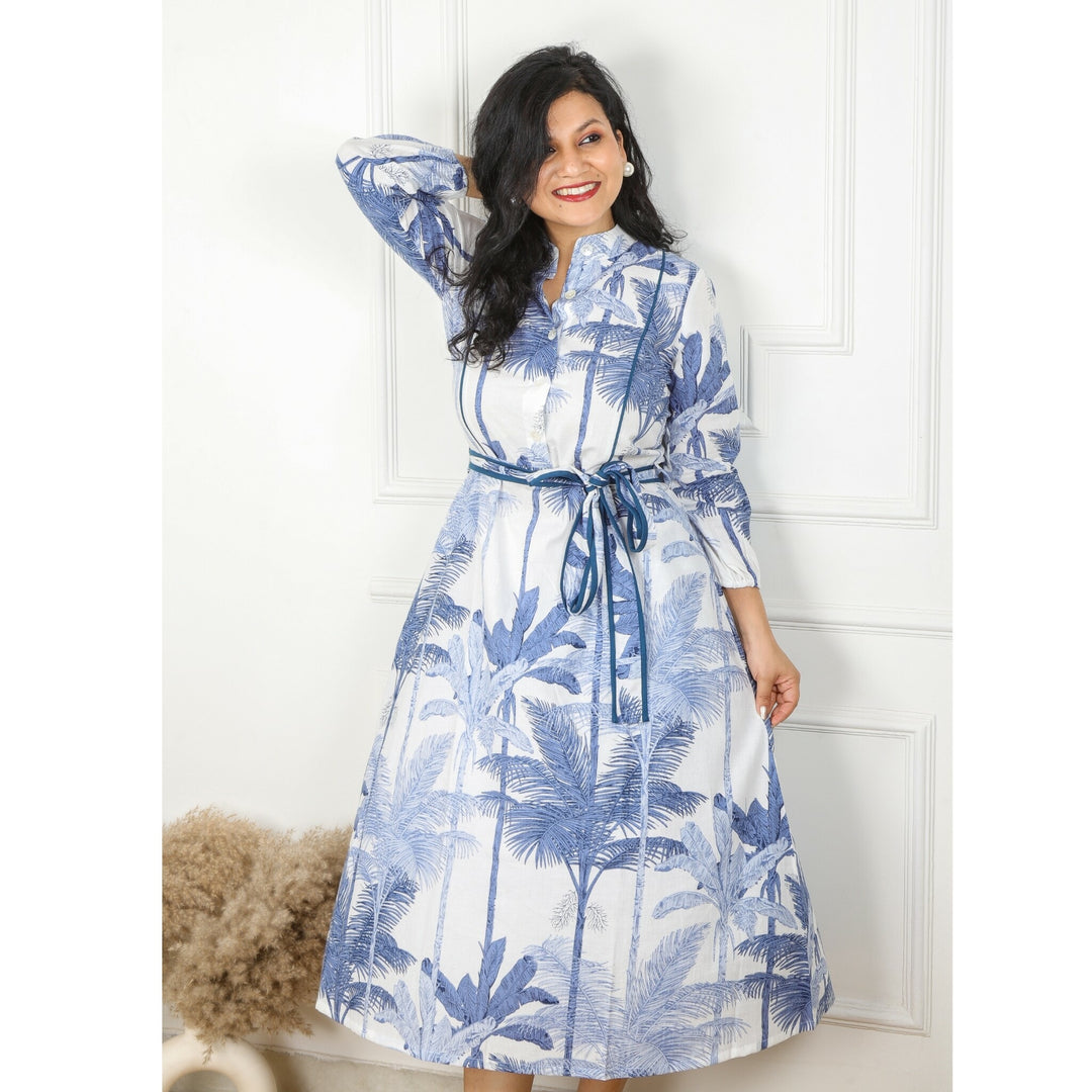 White and Blue Tropical Printed Cotton Dress with Belt