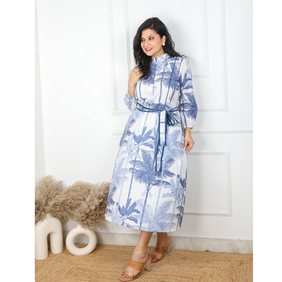 White and Blue Tropical Printed Cotton Dress with Belt