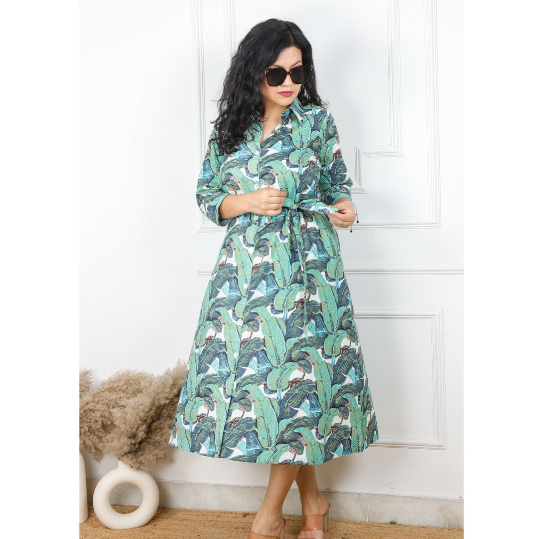Goan Green Tropical Printed Cotton Dress with Belt