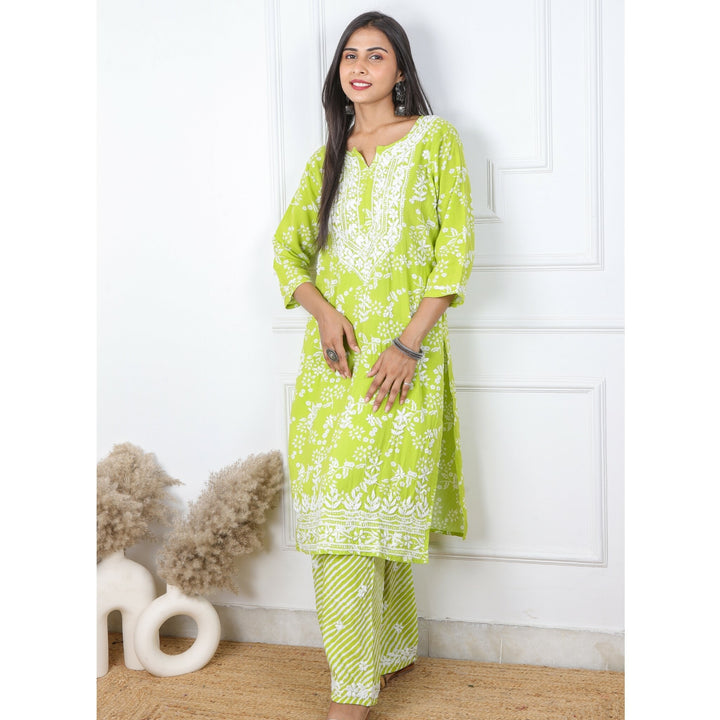 Parrot Green Printed Chikankari Top with Leheriya Printed Palazzo