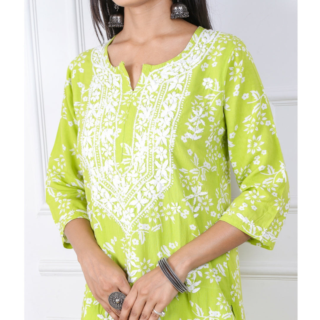 Parrot Green Printed Chikankari Top with Leheriya Printed Palazzo