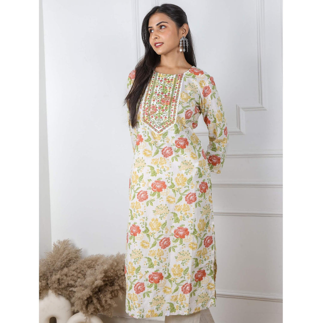 White Floral Embroidered Cotton Kurti