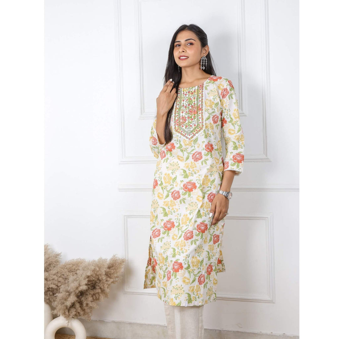 White Floral Embroidered Cotton Kurti