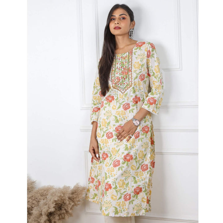 White Floral Embroidered Cotton Kurti