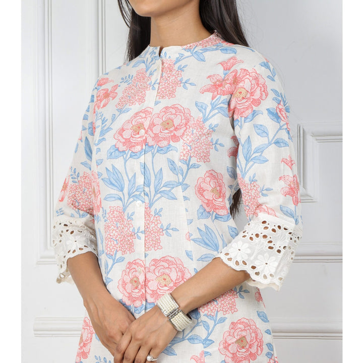 Offwhite Floral Printed Kurti with Front Buttons