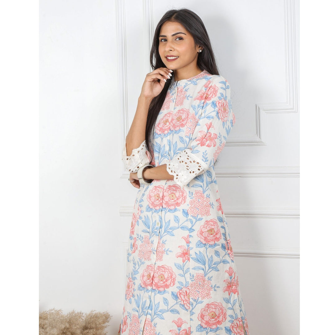 Offwhite Floral Printed Kurti with Front Buttons