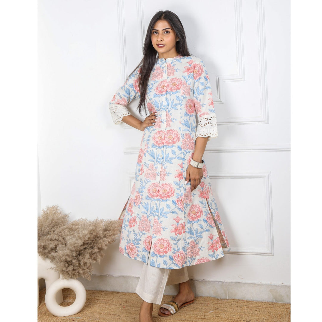 Offwhite Floral Printed Kurti with Front Buttons