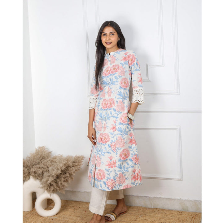 Offwhite Floral Printed Kurti with Front Buttons