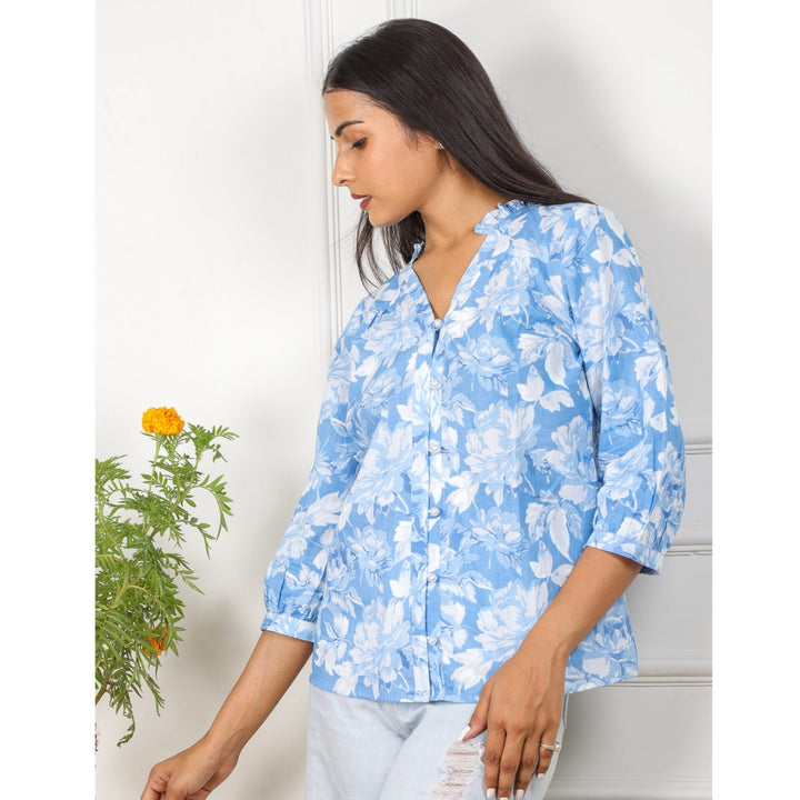 Light Blue Floral Printed Button Down Shirt