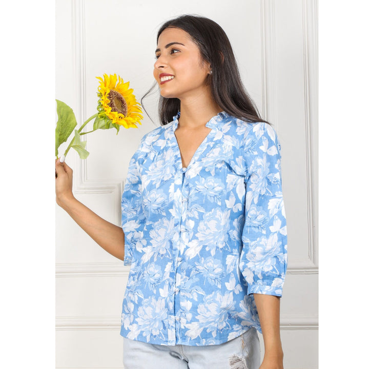 Light Blue Floral Printed Button Down Shirt