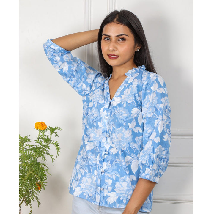 Light Blue Floral Printed Button Down Shirt