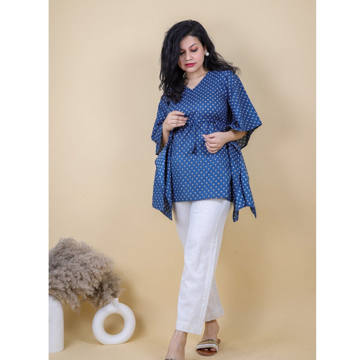 Denim Blue Printed Cotton Kaftan with Beige Khadi Cotton Pants