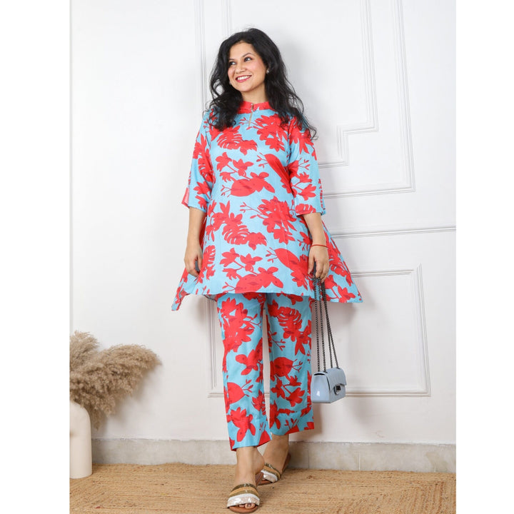 Sky Blue and Red Modern Abstract Printed Pure Muslin Co-ord Set