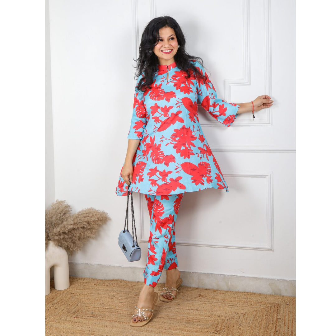 Sky Blue and Red Modern Abstract Printed Pure Muslin Co-ord Set