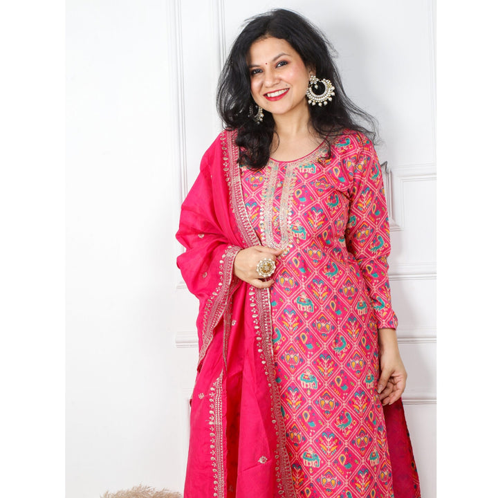 Hot Pink Patola Print Muslin 3 Piece Set with Beautiful Zari Work Dupatta